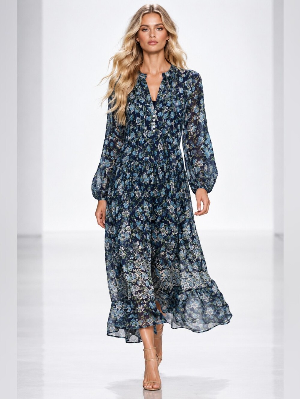 Free People XS Navy Blue Floral Boho Maxi Dress Long Sleeve Button Front Cottage